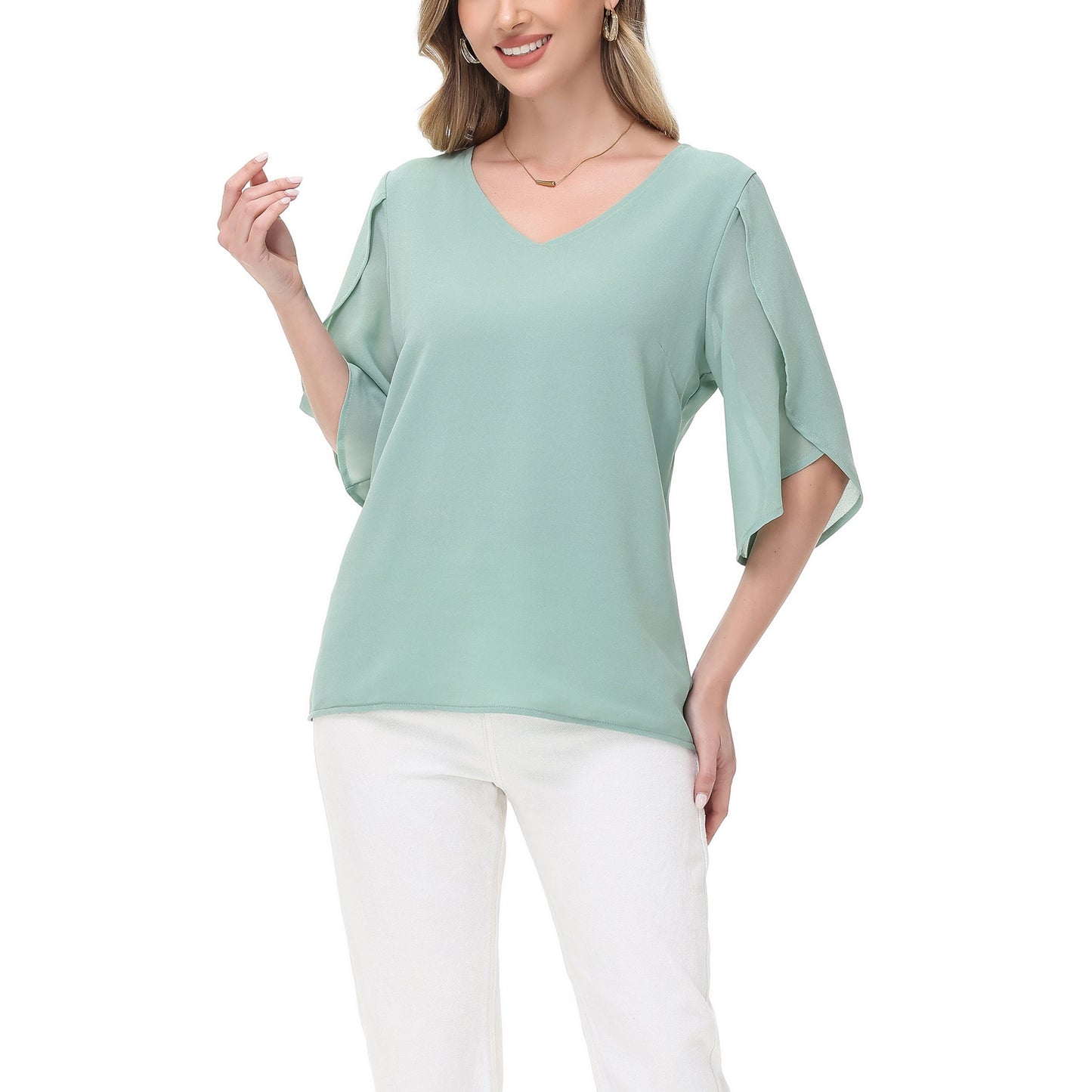 Anna-Kaci Women's V-Neck Blouse with Split Flutter Sleeves and Relaxed Draped Fit