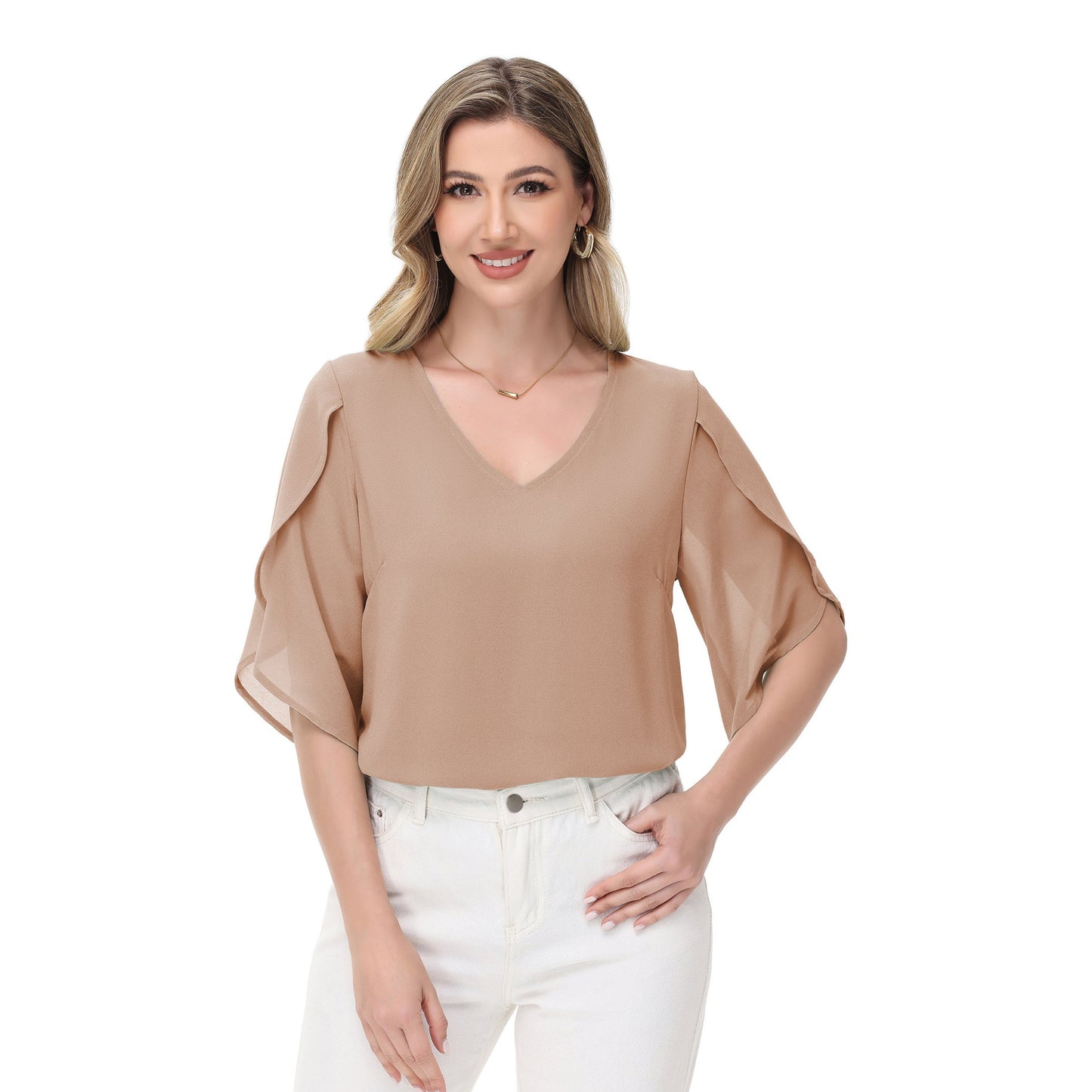 Anna-Kaci Women's V-Neck Flutter Sleeve Blouse with Shoulder Slit Detail and Relaxed Lightweight Fit