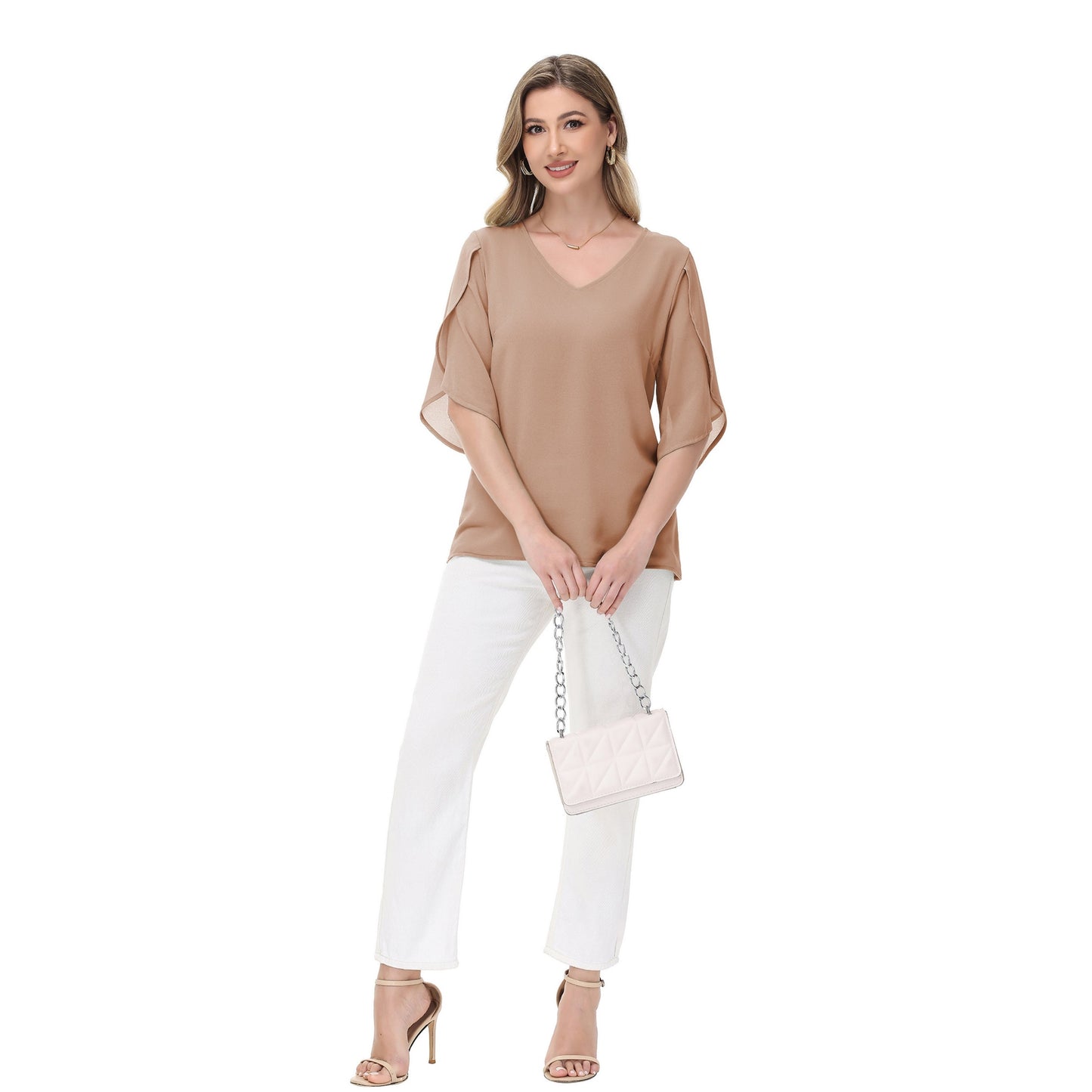 Anna-Kaci Women's V-Neck Flutter Sleeve Blouse with Shoulder Slit Detail and Relaxed Lightweight Fit