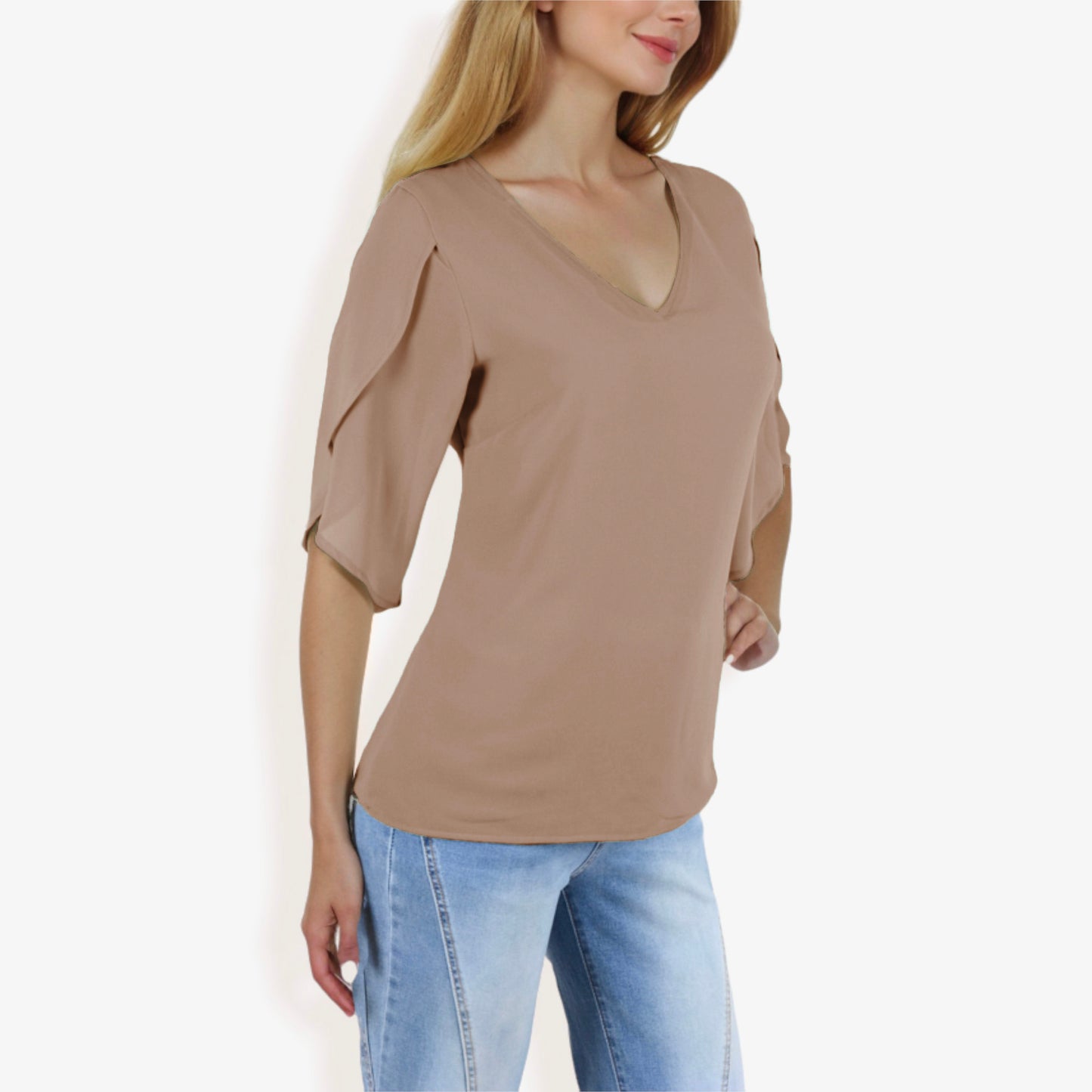 V-Neck Blouse with Split Short Sleeves and Relaxed Fit
