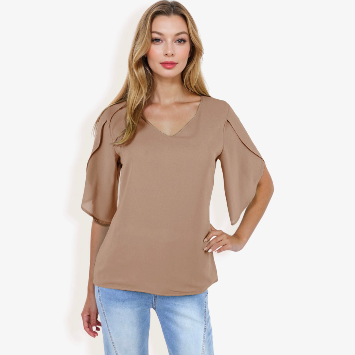 V-Neck Blouse with Split Short Sleeves and Relaxed Fit