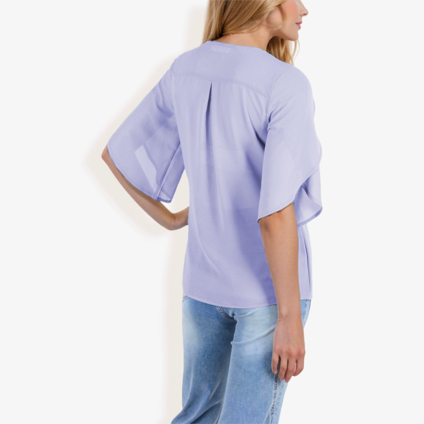 V-Neck Blouse with Split Short Sleeves and Relaxed Fit