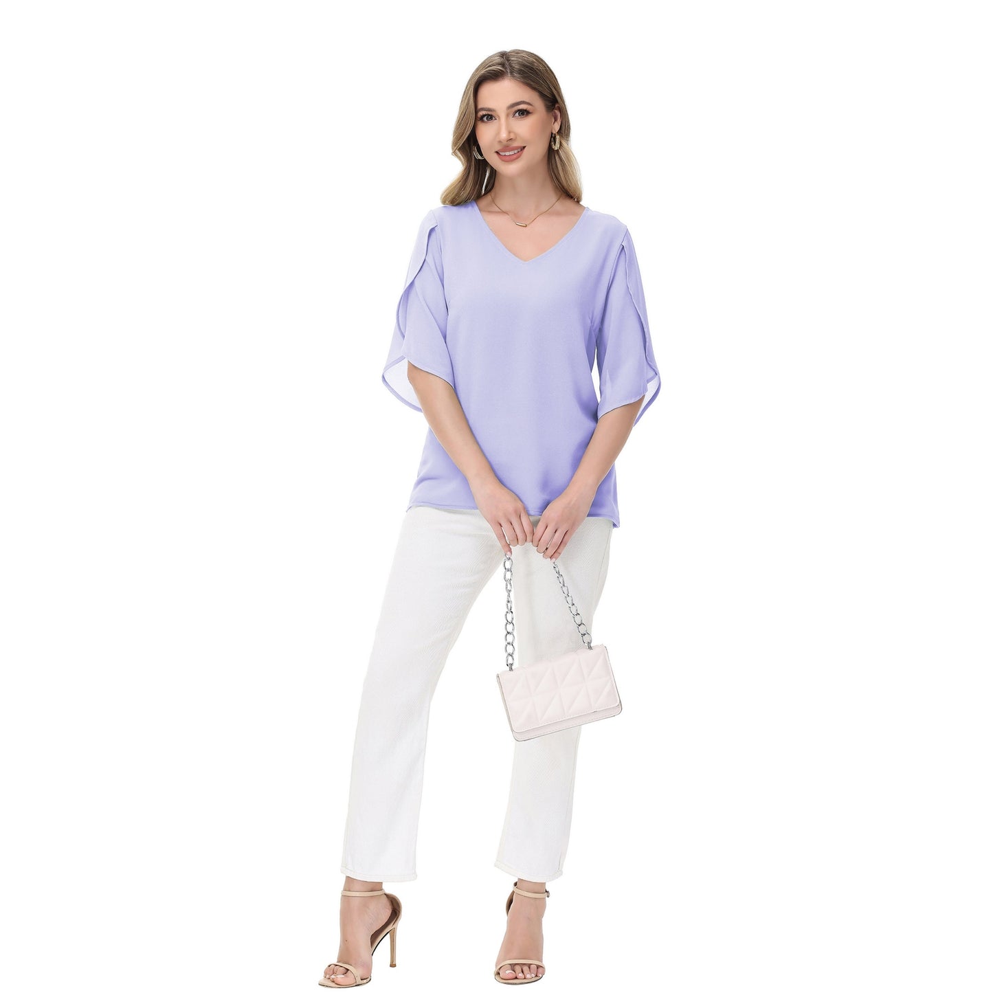 Anna-Kaci Women's V-Neck Flutter Sleeve Blouse with Shoulder Slit Detail and Relaxed Lightweight Fit
