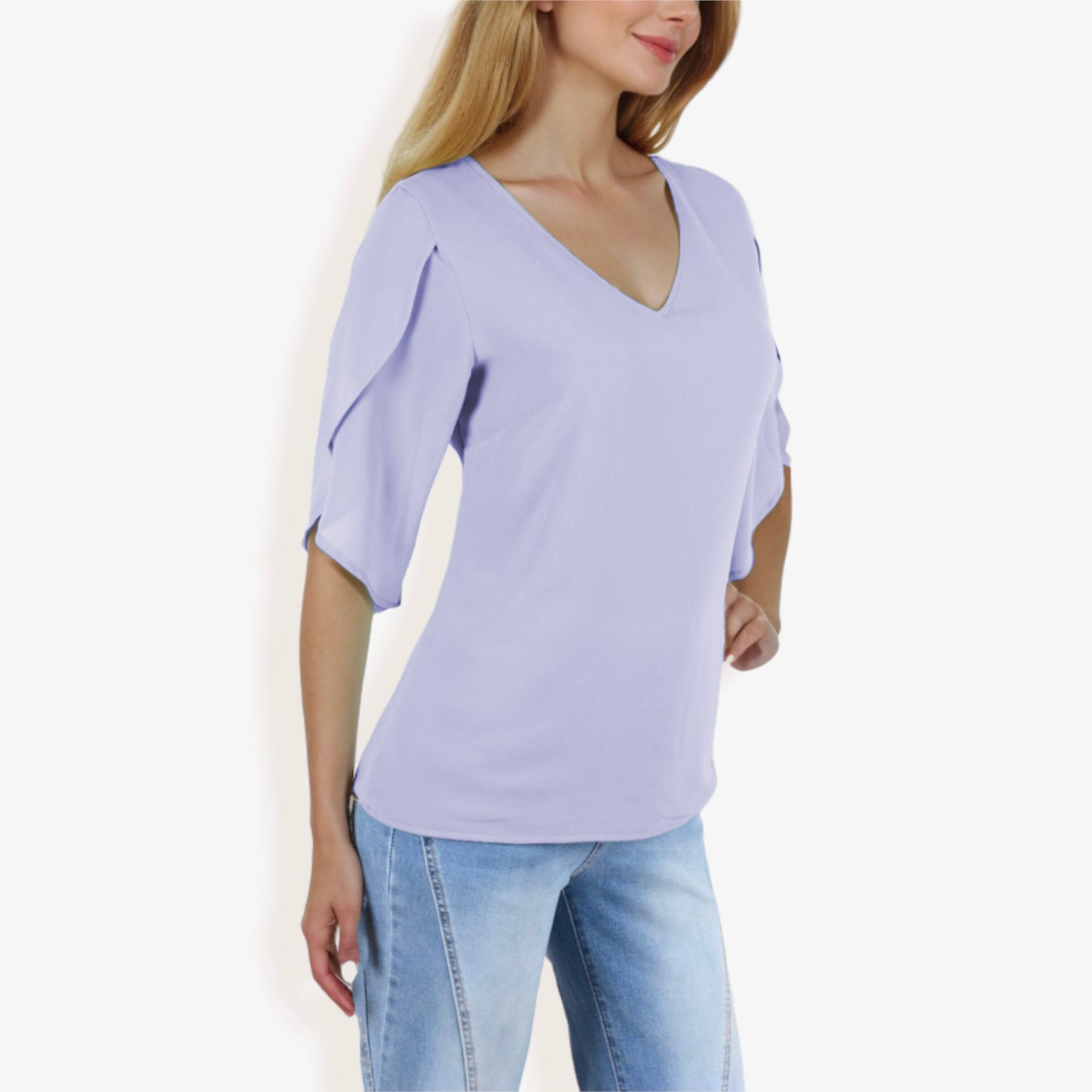 V-Neck Blouse with Split Short Sleeves and Relaxed Fit