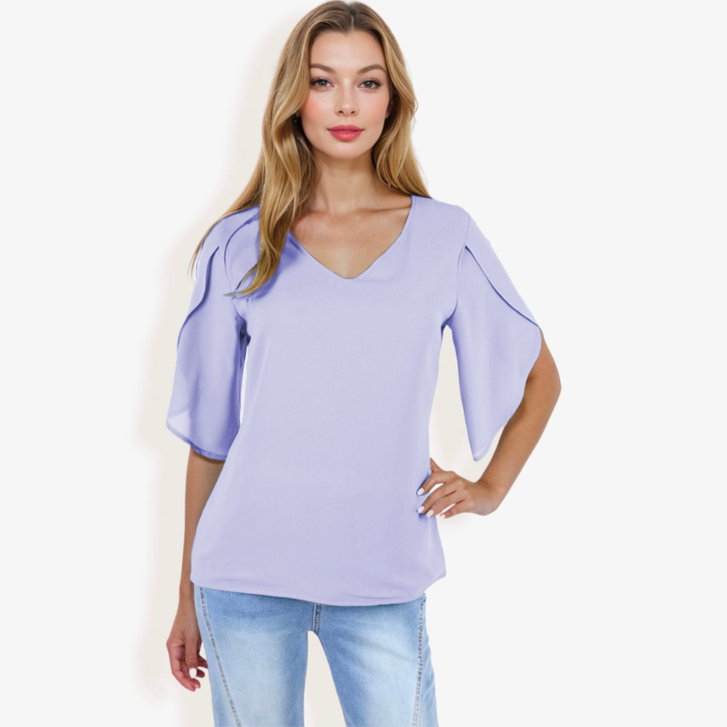 V-Neck Blouse with Split Short Sleeves and Relaxed Fit