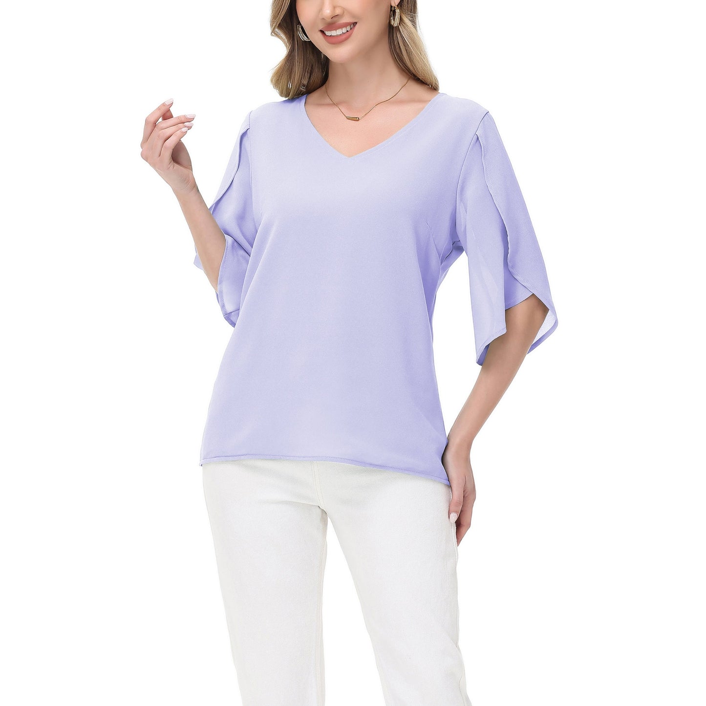 Anna-Kaci Women's V-Neck Flutter Sleeve Blouse with Shoulder Slit Detail and Relaxed Lightweight Fit