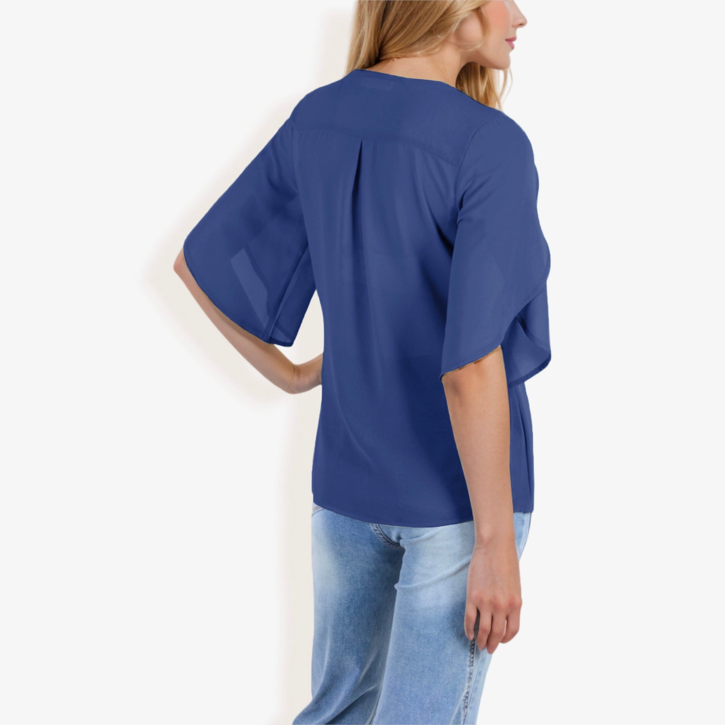 V-Neck Blouse with Split Short Sleeves and Relaxed Fit