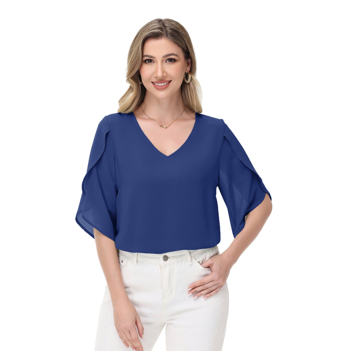 Anna-Kaci Women's V-Neck Flutter Sleeve Blouse with Shoulder Slit Detail and Relaxed Lightweight Fit