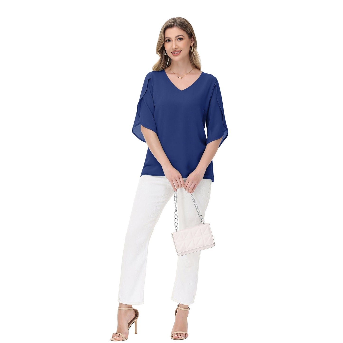 Anna-Kaci Women's V-Neck Flutter Sleeve Blouse with Shoulder Slit Detail and Relaxed Lightweight Fit