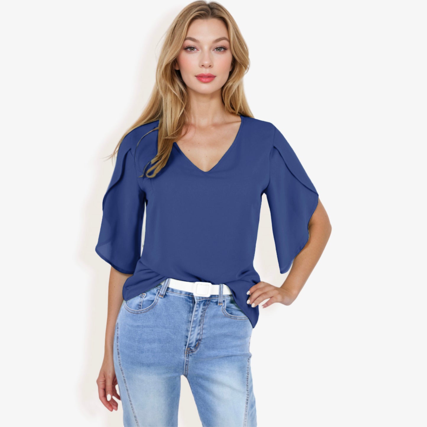 V-Neck Blouse with Split Short Sleeves and Relaxed Fit