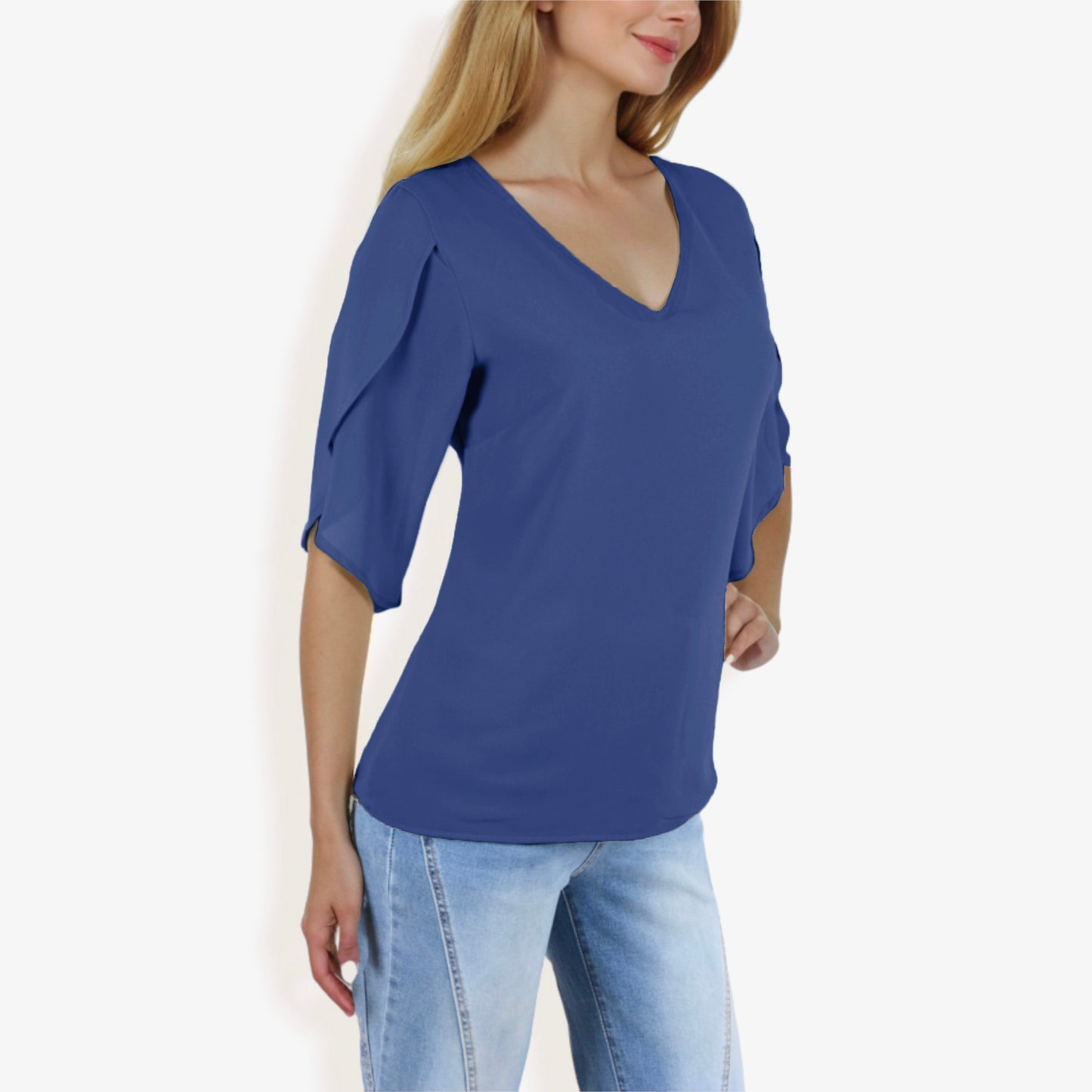 V-Neck Blouse with Split Short Sleeves and Relaxed Fit