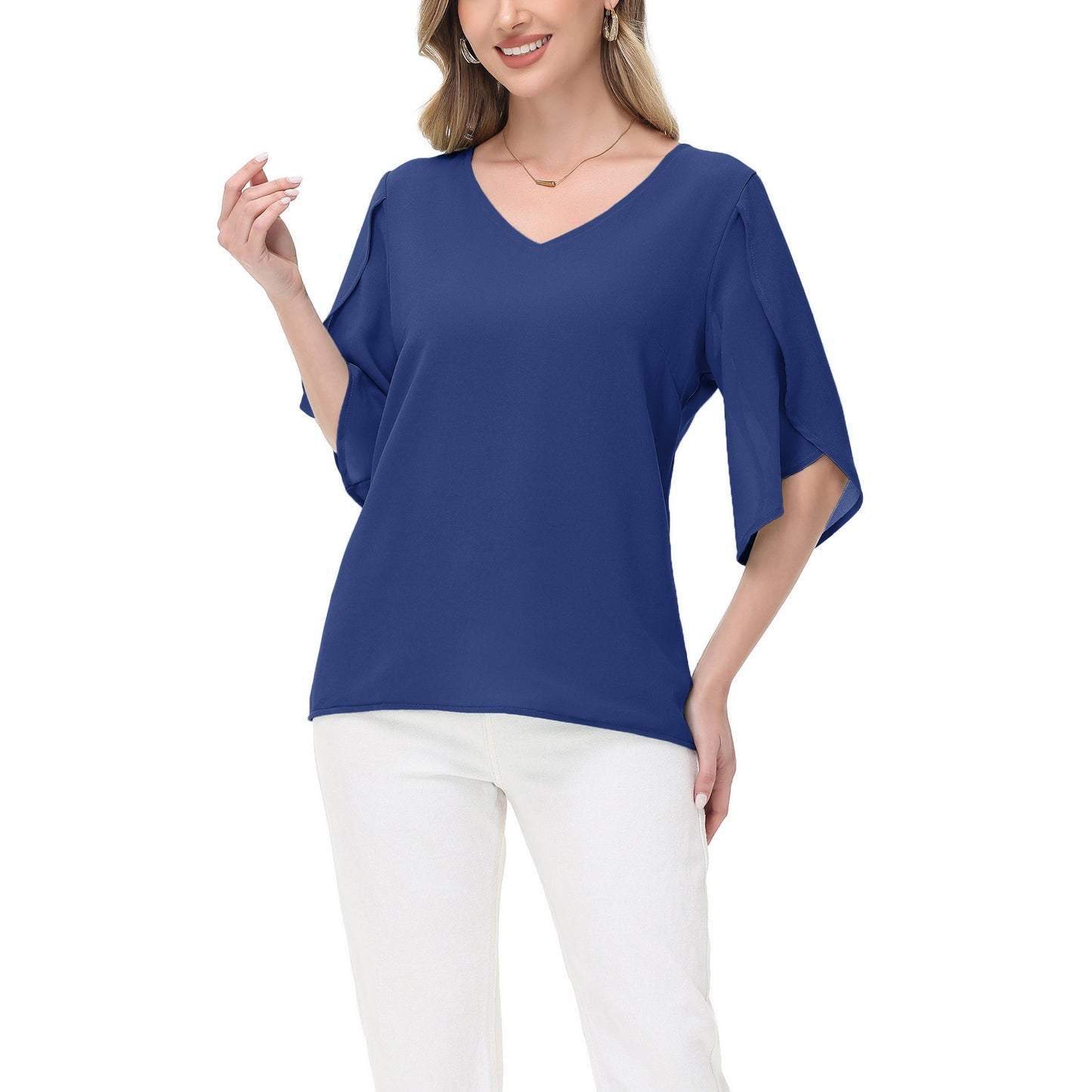 Anna-Kaci Women's V-Neck Flutter Sleeve Blouse with Shoulder Slit Detail and Relaxed Lightweight Fit
