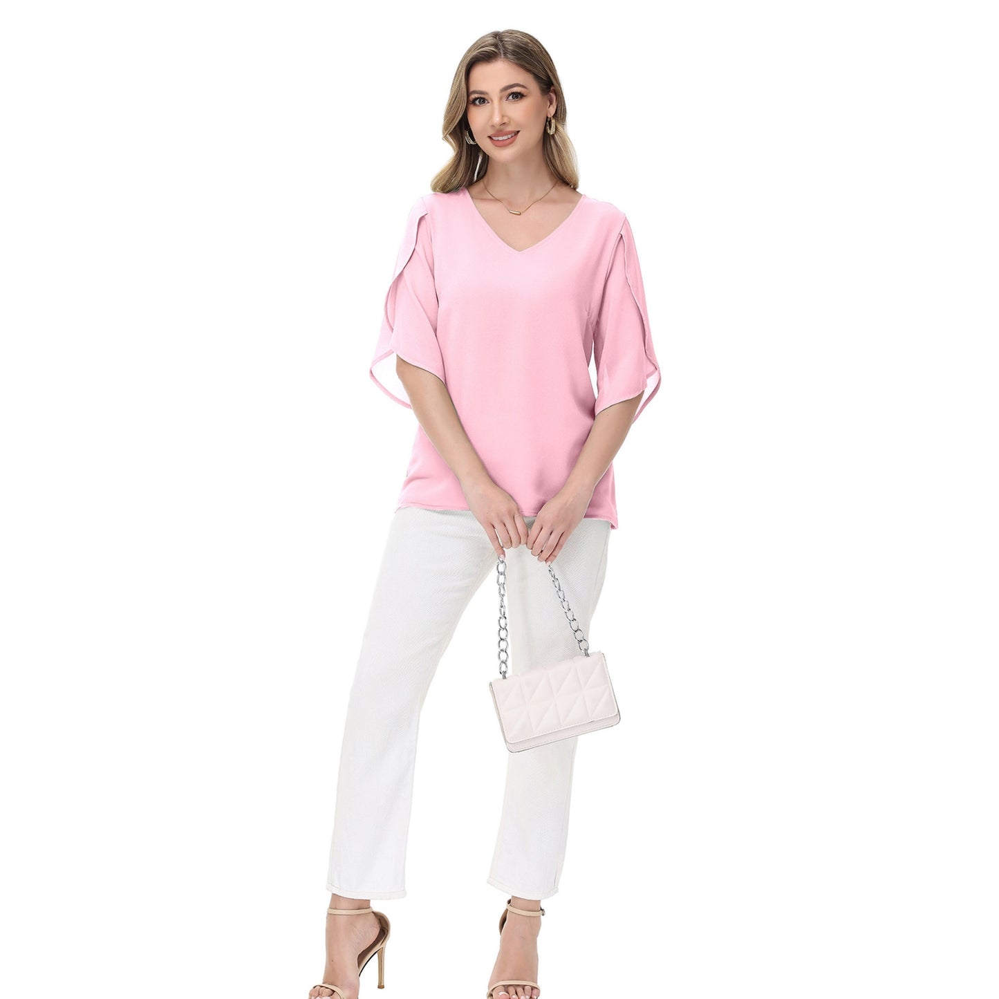 Anna-Kaci Women's V-Neck Flutter Sleeve Blouse with Shoulder Cut Details and Relaxed Draped Fit