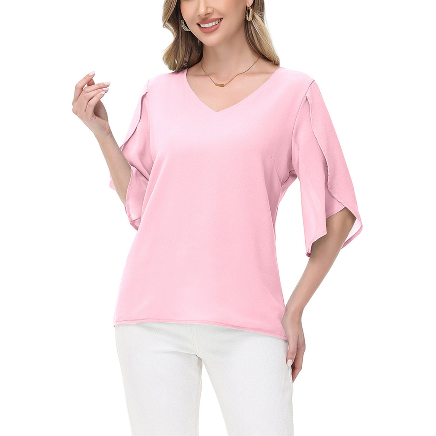 Anna-Kaci Women's V-Neck Flutter Sleeve Blouse with Shoulder Cut Details and Relaxed Draped Fit