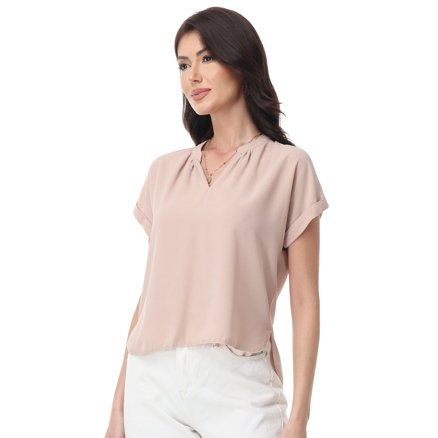 Anna-Kaci Women's Short Sleeve Blouse with Gathered V-Neckline and Rolled Cuffs