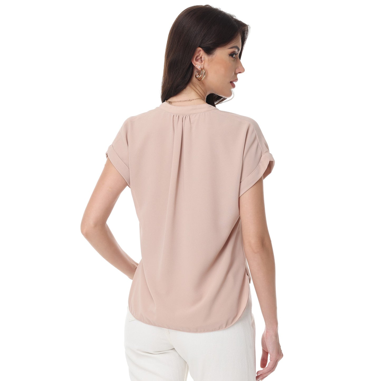 Anna-Kaci Women's Short Sleeve Blouse with Gathered V-Neckline and Rolled Cuffs