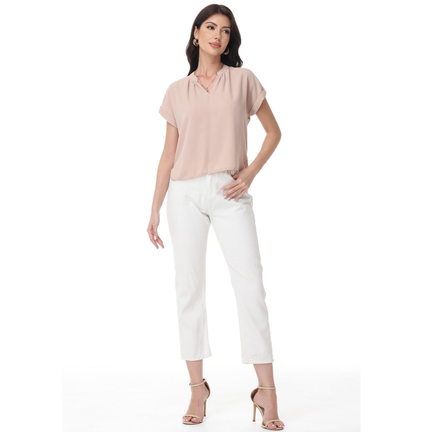 Anna-Kaci Women's Short Sleeve Blouse with Gathered V-Neckline and Rolled Cuffs