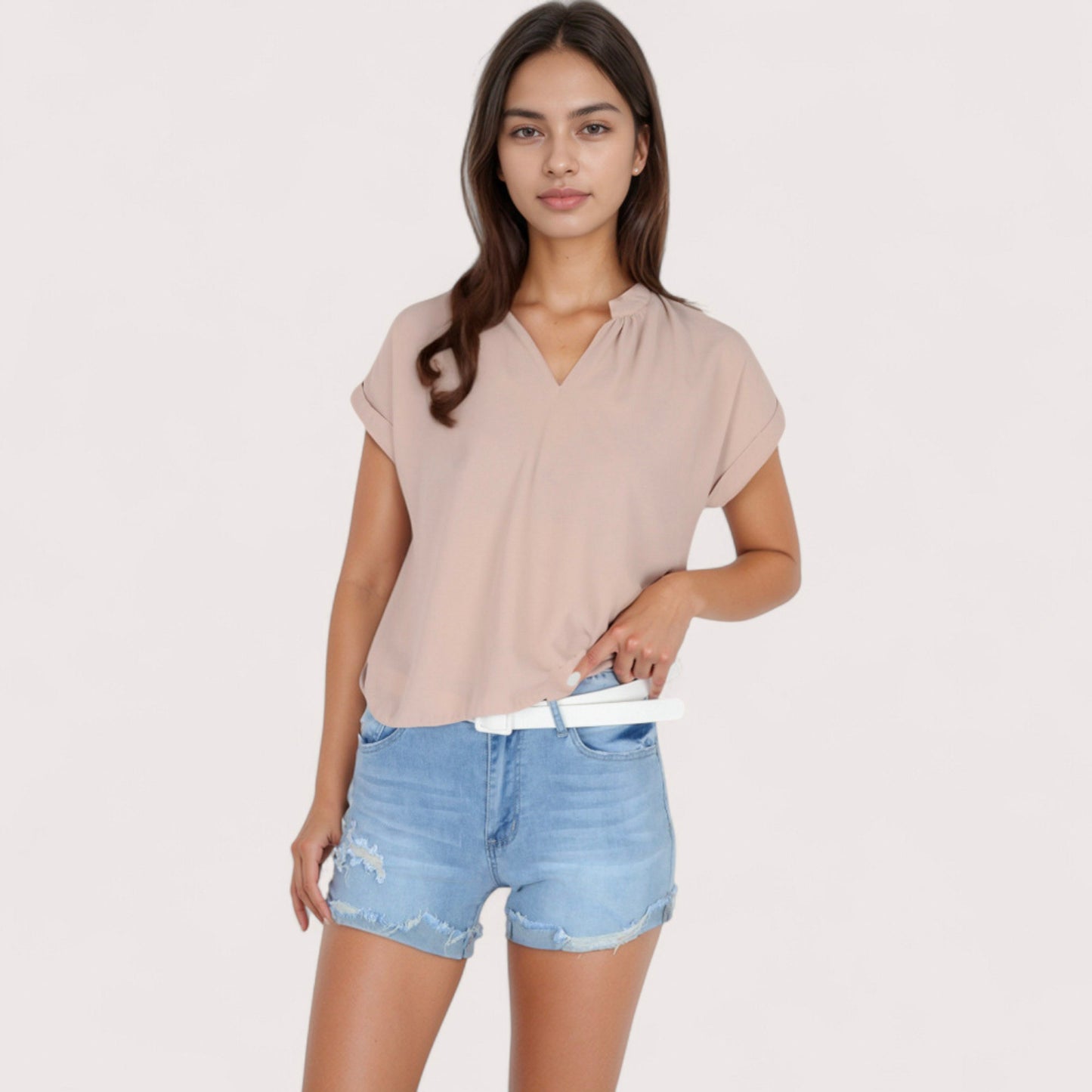 Anna-Kaci Women's V-Neck Short Sleeve Blouse with Rolled Cuffs and Soft Pleated Collar Detail - Small, Green
