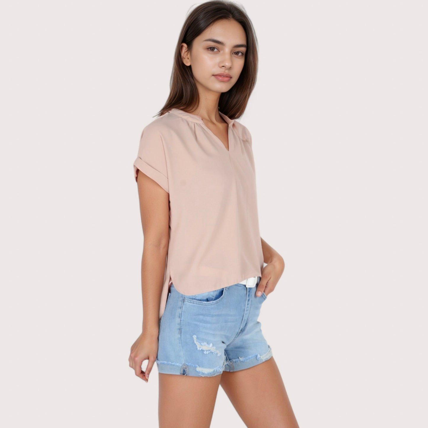 Anna-Kaci Women's V-Neck Short Sleeve Blouse with Rolled Cuffs and Soft Pleated Collar Detail - Small, Green