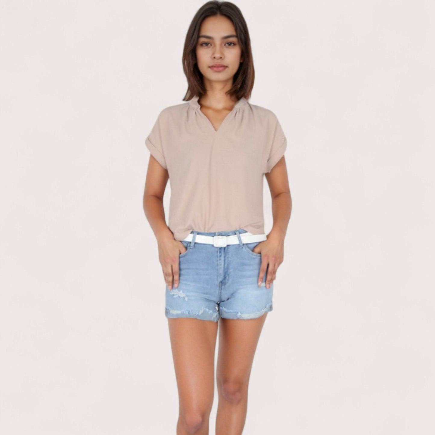 Anna-Kaci Women's V-Neck Short Sleeve Blouse with Rolled Cuffs and Soft Pleated Collar Detail - Small, Green