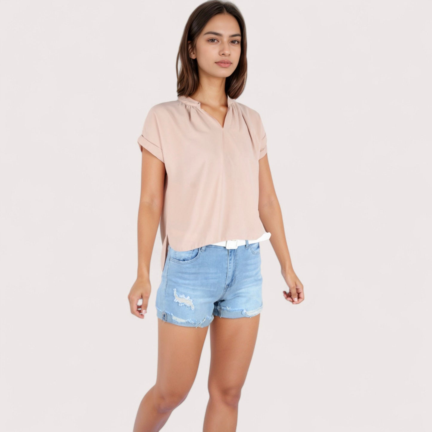 Anna-Kaci Women's V-Neck Short Sleeve Blouse with Rolled Cuffs and Soft Pleated Collar Detail - Small, Green