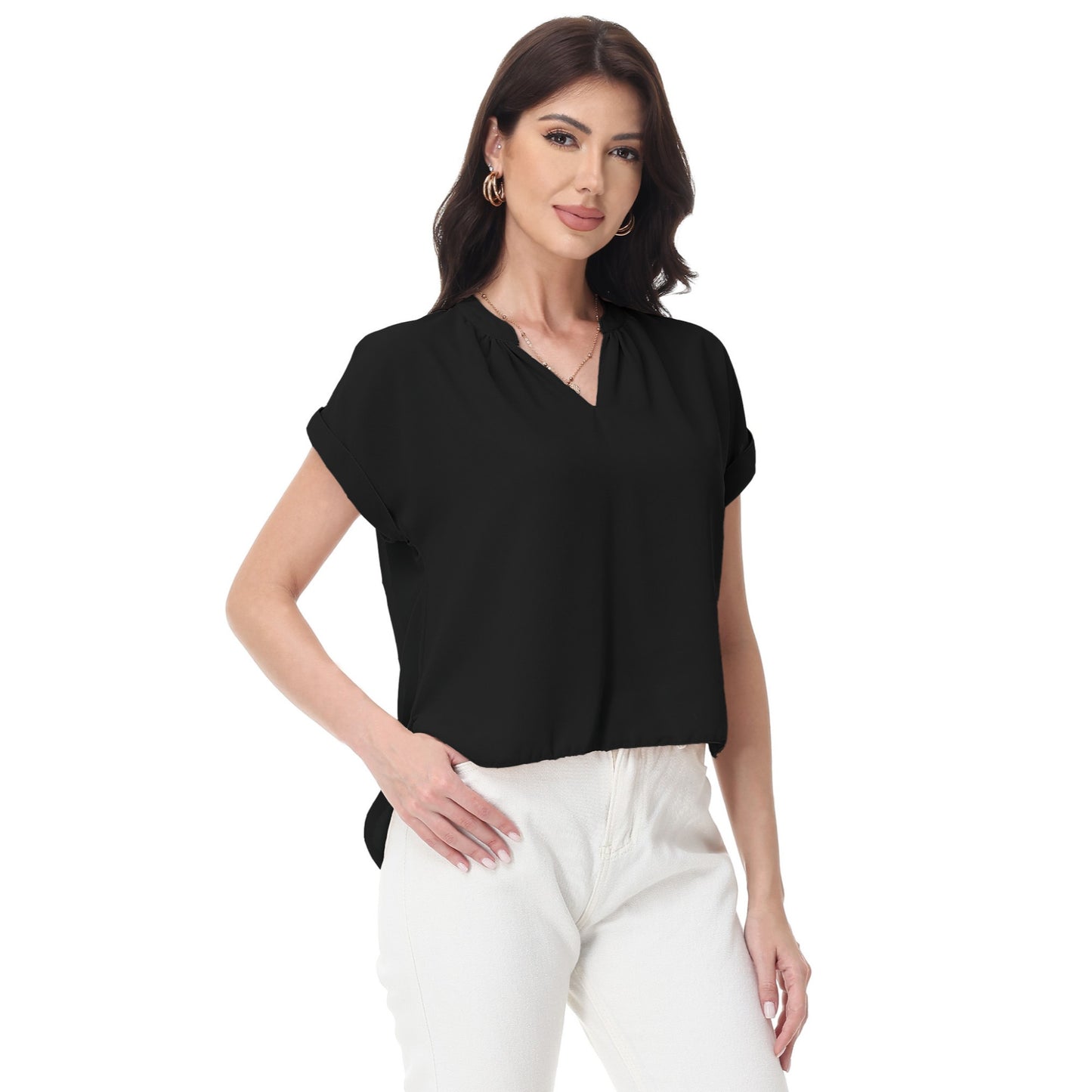 Anna-Kaci Women's Short Sleeve Blouse with Gathered V-Neckline and Rolled Cuffs