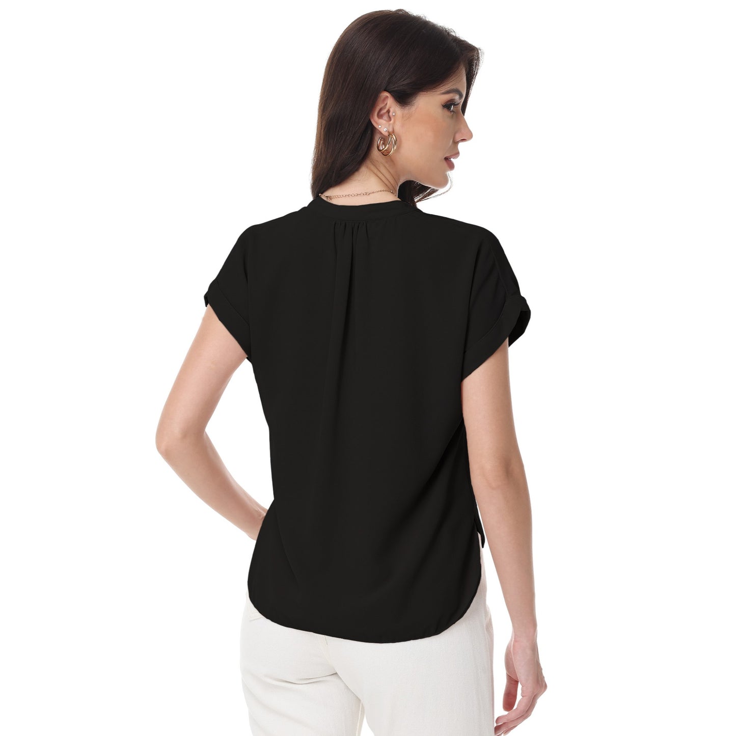Anna-Kaci Women's Short Sleeve Blouse with Gathered V-Neckline and Rolled Cuffs