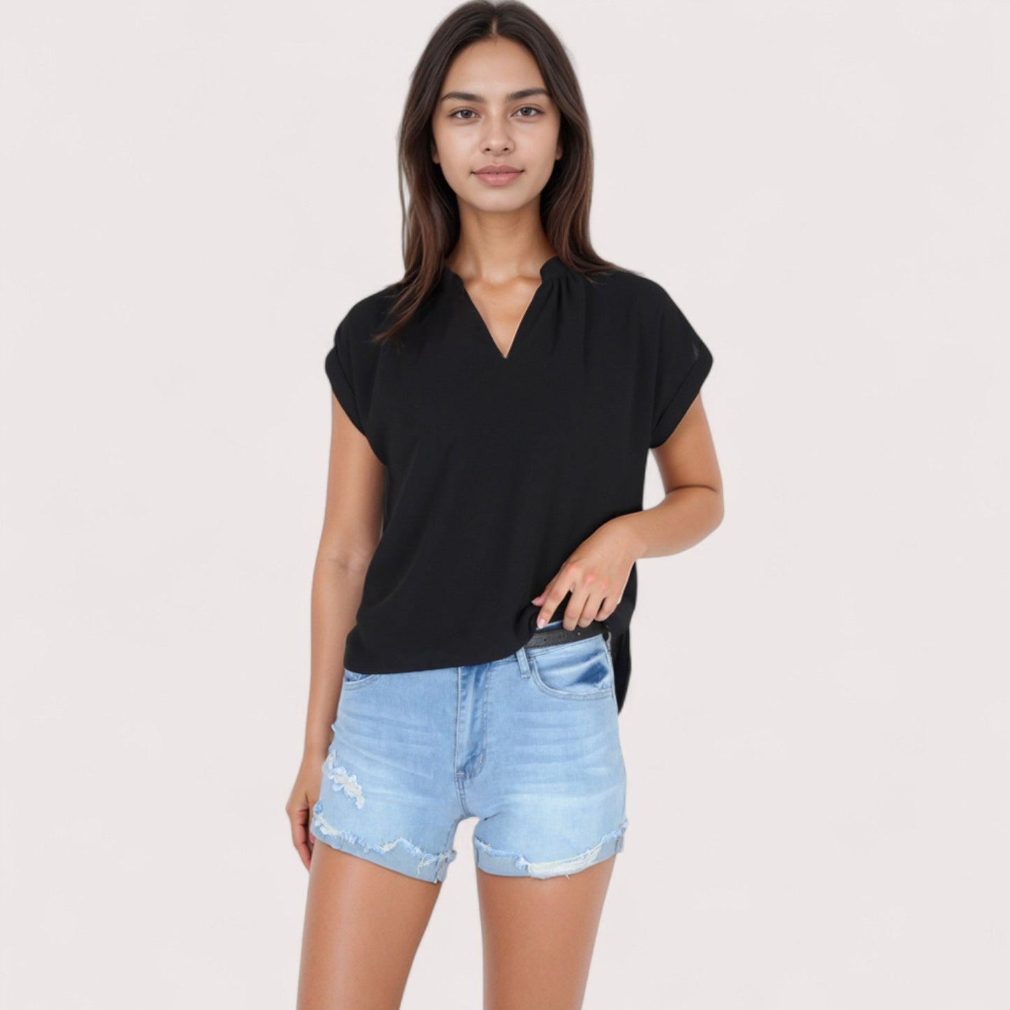Anna-Kaci Women's V-Neck Short Sleeve Blouse with Rolled Cuffs and Soft Pleated Collar Detail - Small, Green