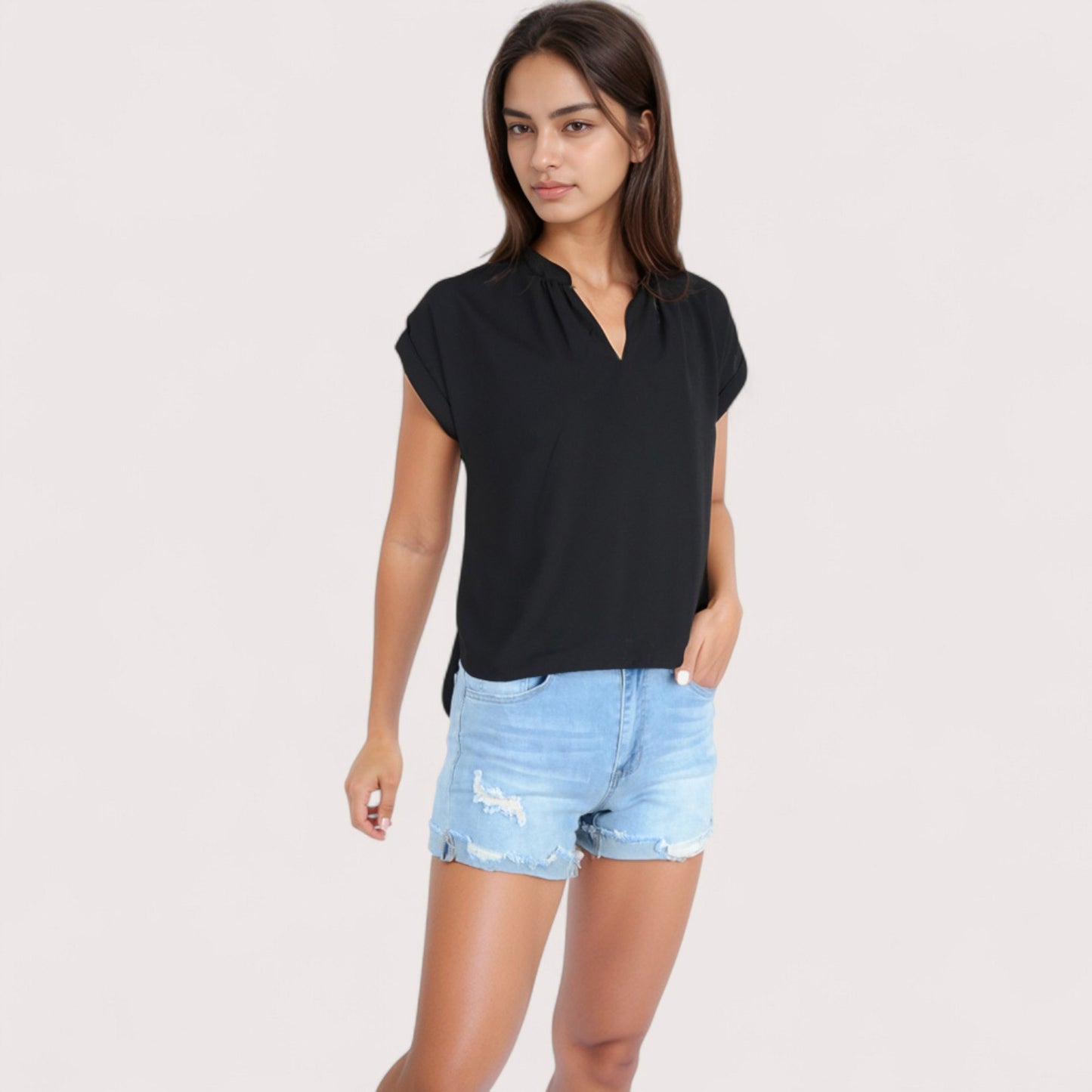 Anna-Kaci Women's V-Neck Short Sleeve Blouse with Rolled Cuffs and Soft Pleated Collar Detail - Small, Green
