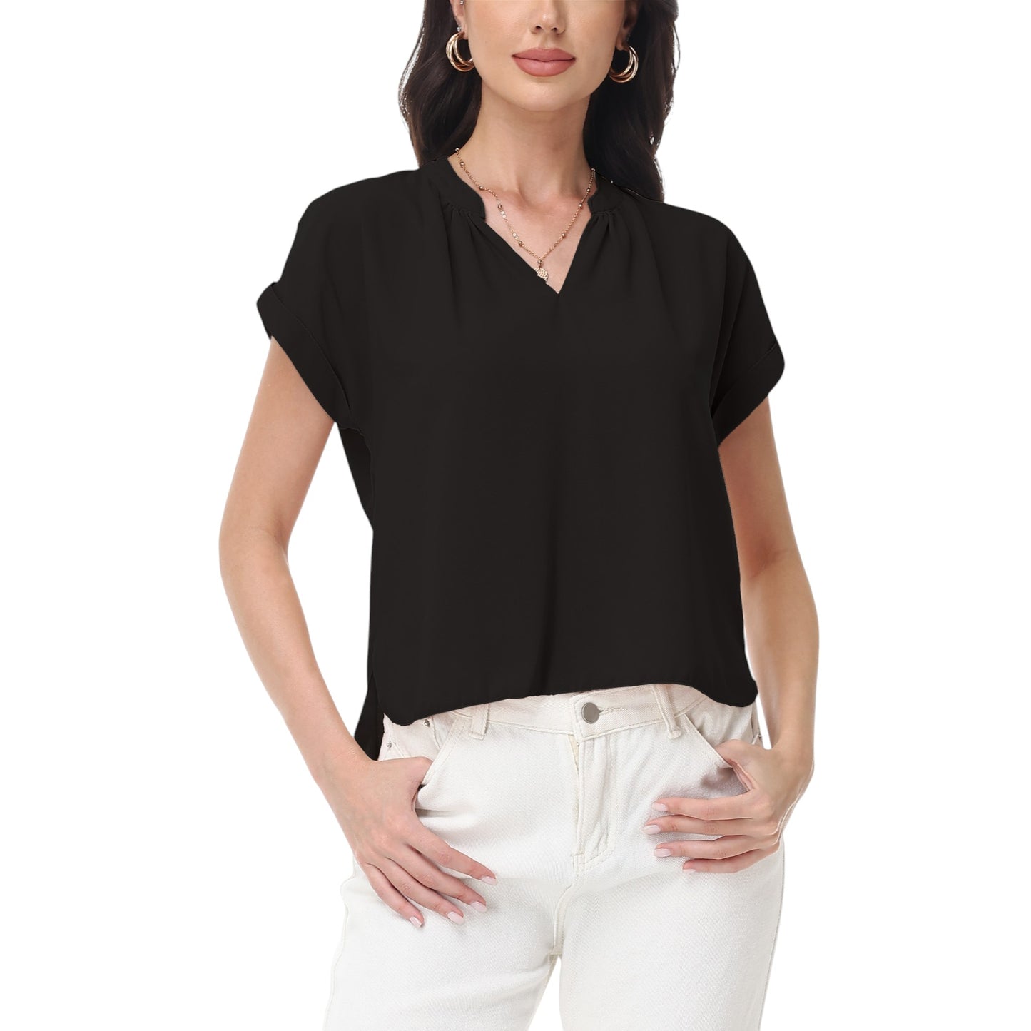 Anna-Kaci Women's Short Sleeve Blouse with Gathered V-Neckline and Rolled Cuffs