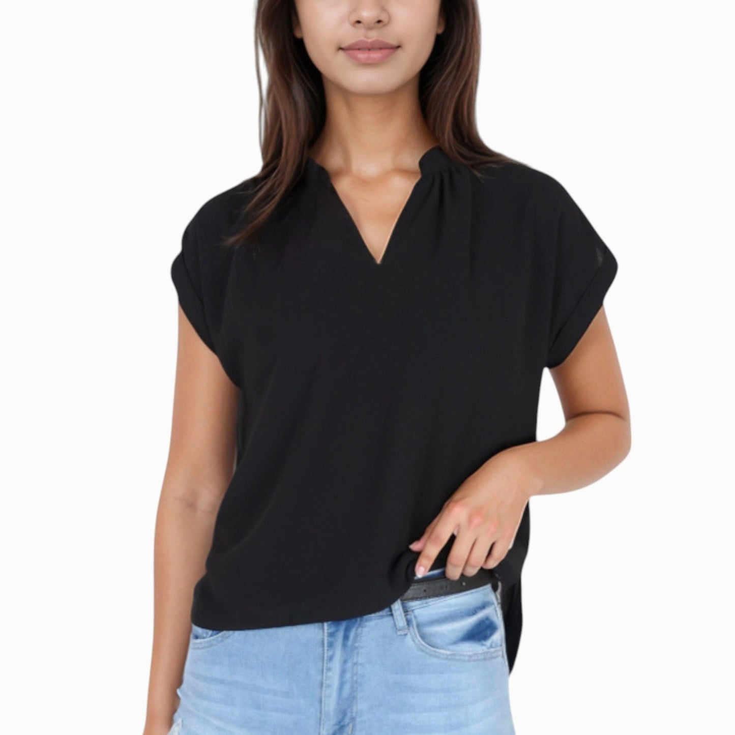 Anna-Kaci Women's V-Neck Short Sleeve Blouse with Rolled Cuffs and Soft Pleated Collar Detail - Small, Green