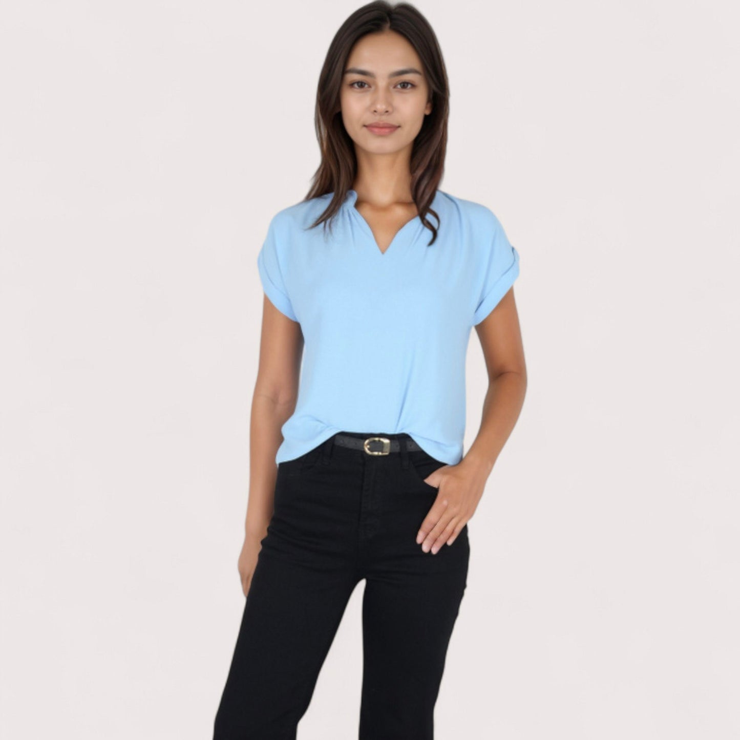 Anna-Kaci Women's V-Neck Short Sleeve Blouse with Rolled Cuffs and Soft Pleated Collar Detail - Small, Green
