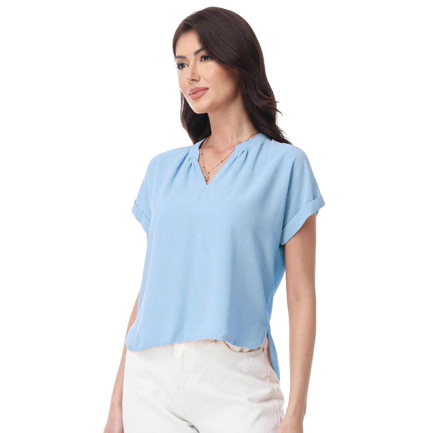 Anna-Kaci Women's Short Sleeve Blouse with Gathered V-Neckline and Rolled Cuffs