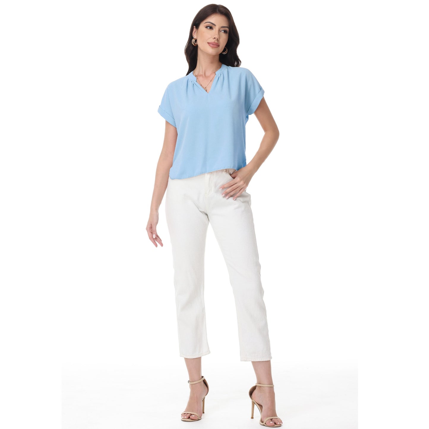 Anna-Kaci Women's Short Sleeve Blouse with Gathered V-Neckline and Rolled Cuffs