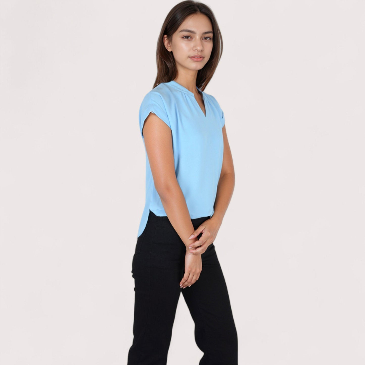 Anna-Kaci Women's V-Neck Short Sleeve Blouse with Rolled Cuffs and Soft Pleated Collar Detail - Small, Green