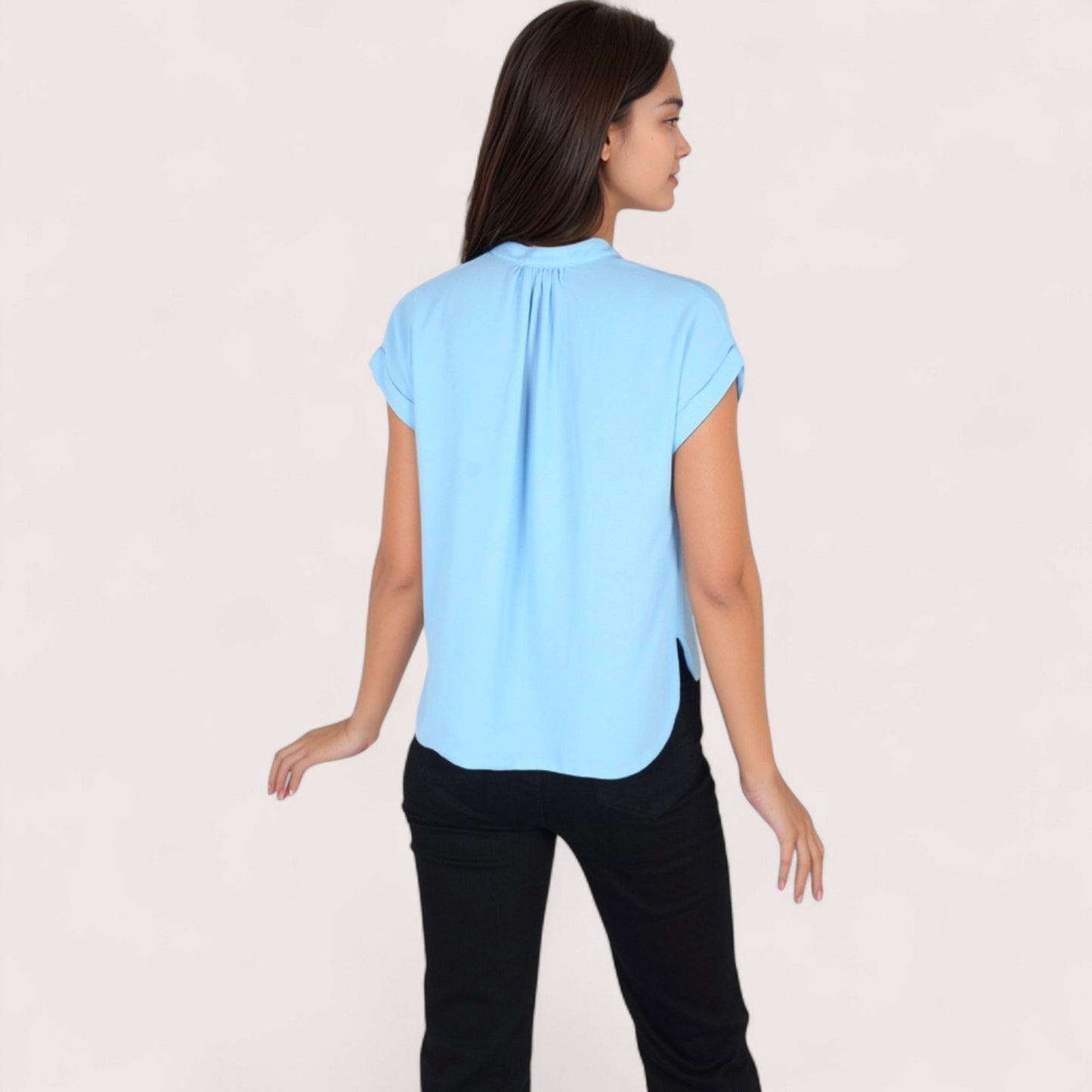 Anna-Kaci Women's V-Neck Short Sleeve Blouse with Rolled Cuffs and Soft Pleated Collar Detail - Small, Green