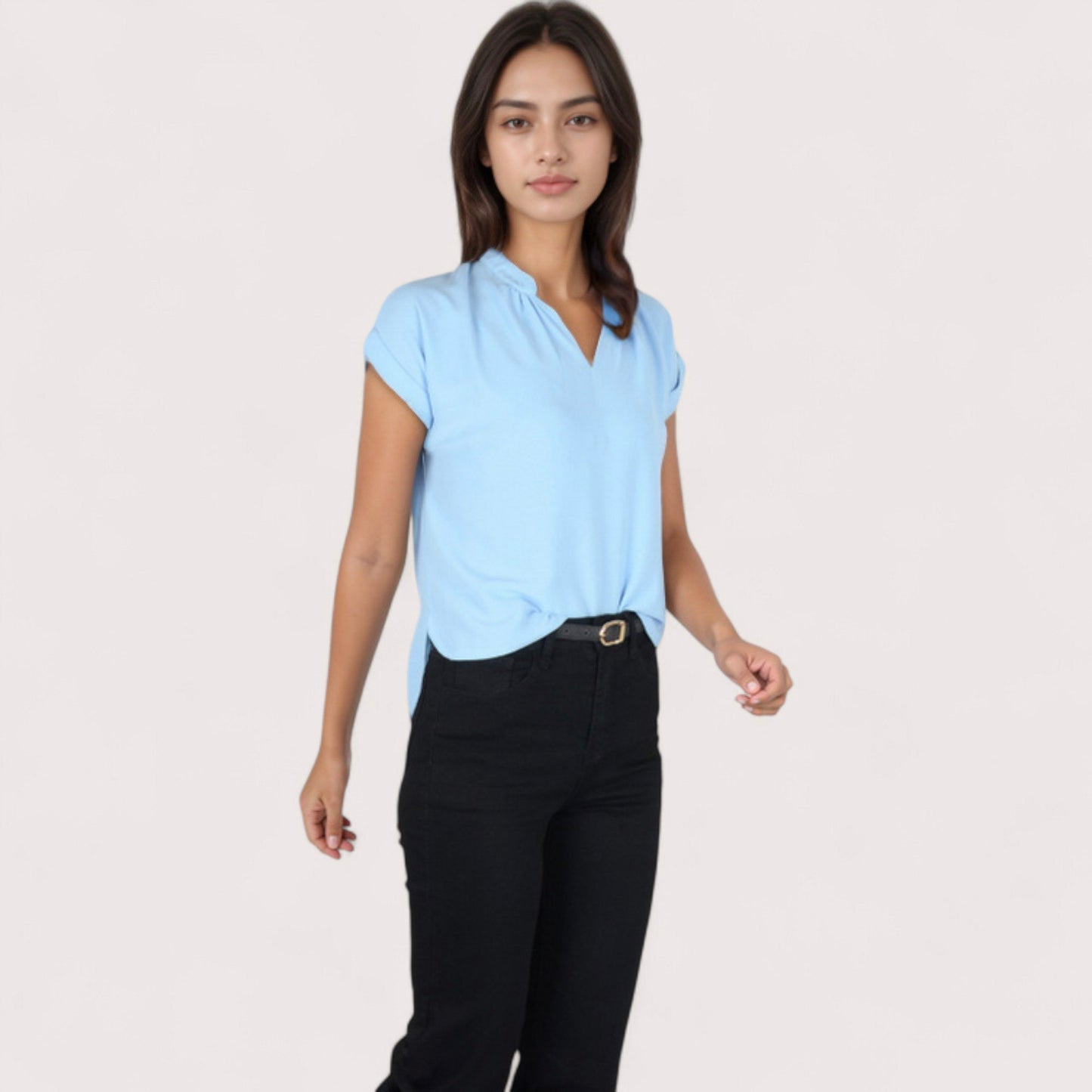 Anna-Kaci Women's V-Neck Short Sleeve Blouse with Rolled Cuffs and Soft Pleated Collar Detail - Small, Green