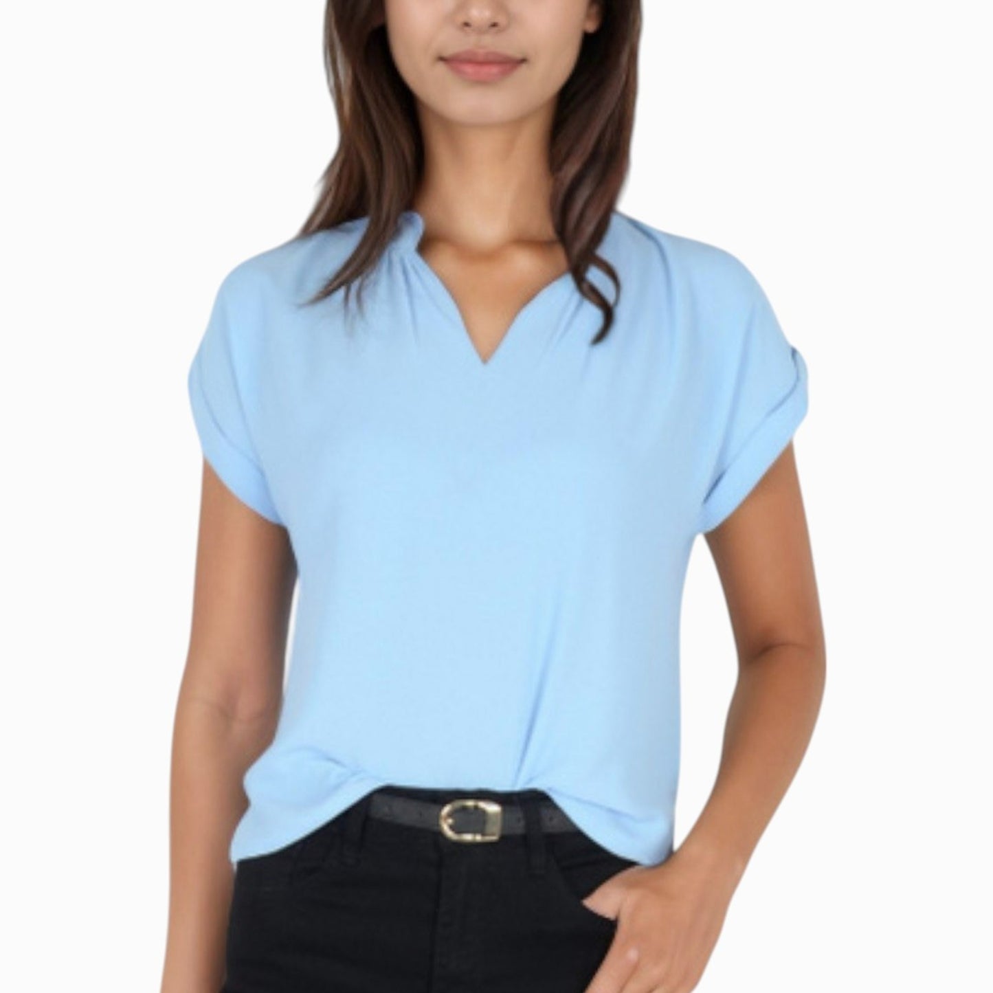 Anna-Kaci Women's V-Neck Short Sleeve Blouse with Rolled Cuffs and Soft Pleated Collar Detail - Small, Green