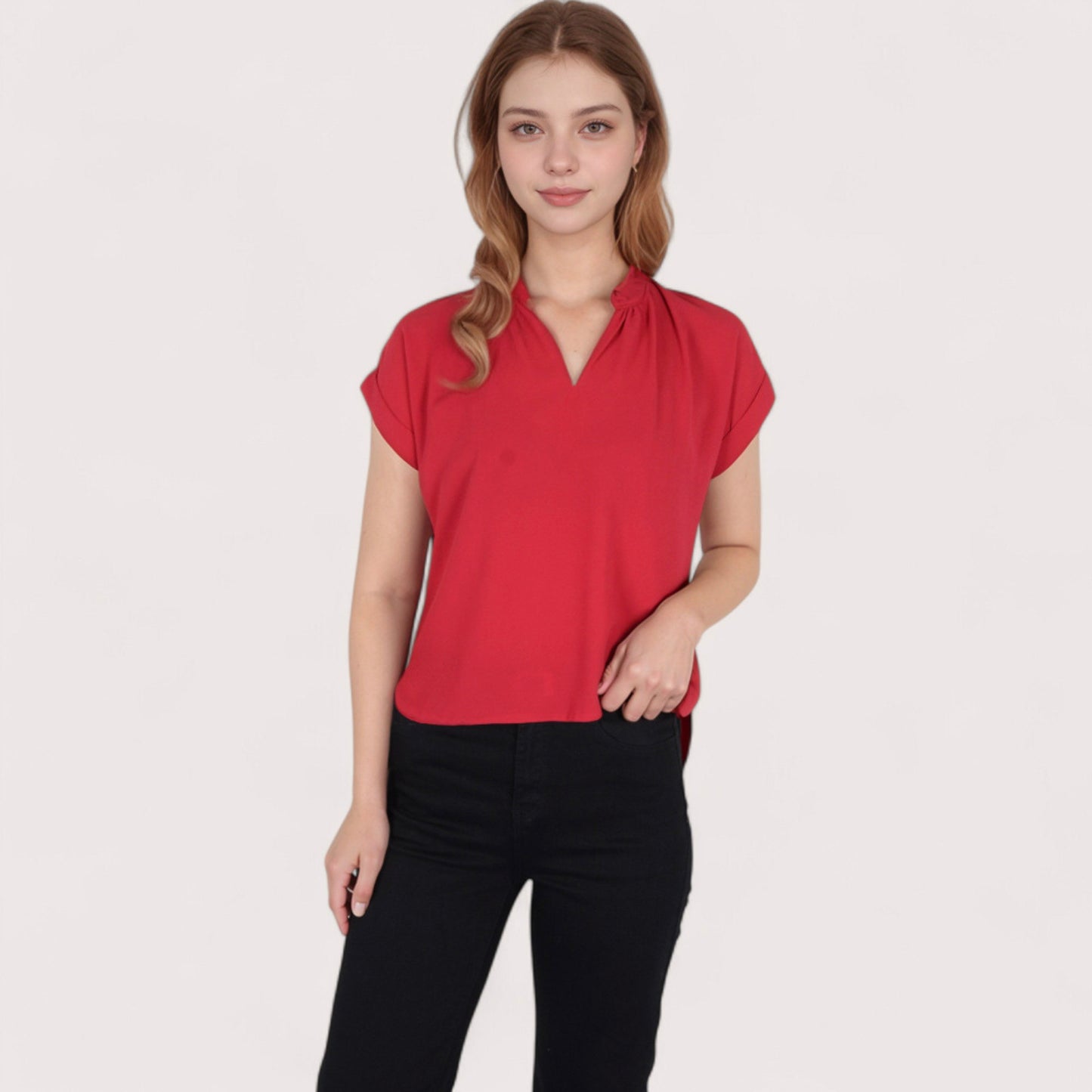 Anna-Kaci Women's V-Neck Short Sleeve Blouse with Rolled Cuffs and Soft Pleated Collar Detail - Small, Green