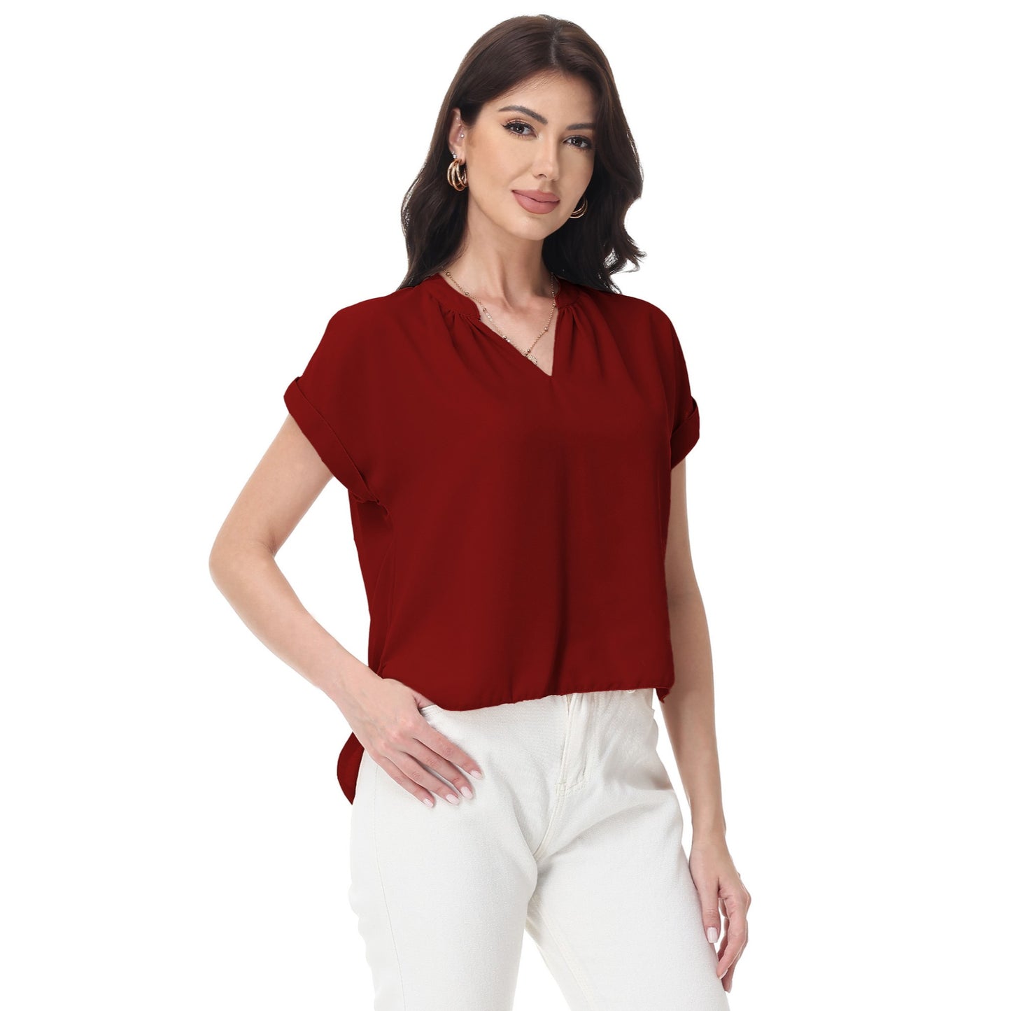 Anna-Kaci Women's Short Sleeve Blouse with Gathered V-Neckline and Rolled Cuffs