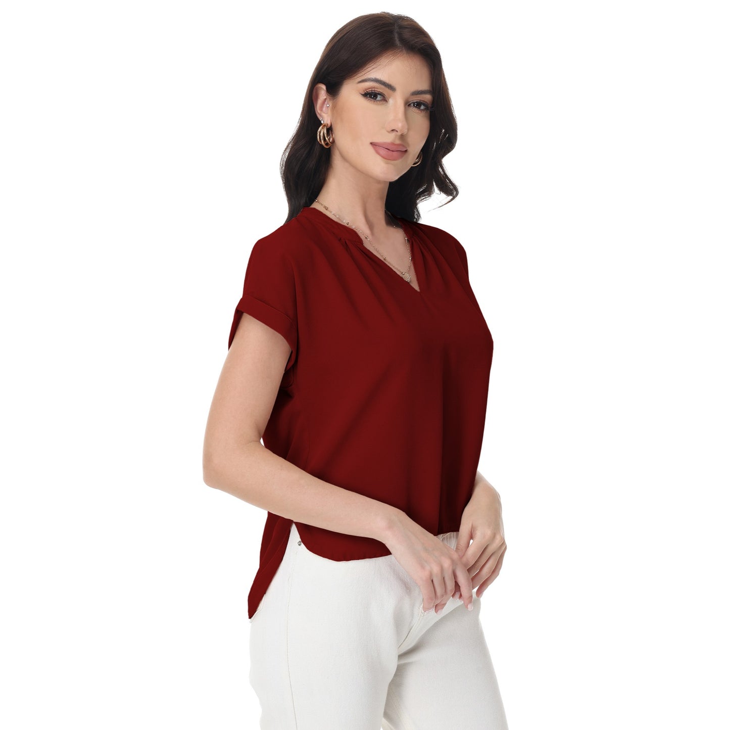 Anna-Kaci Women's Short Sleeve Blouse with Gathered V-Neckline and Rolled Cuffs