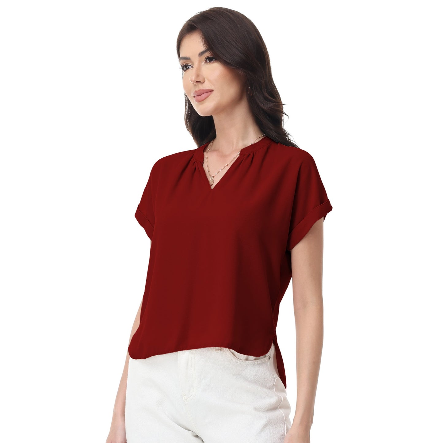 Anna-Kaci Women's Short Sleeve Blouse with Gathered V-Neckline and Rolled Cuffs