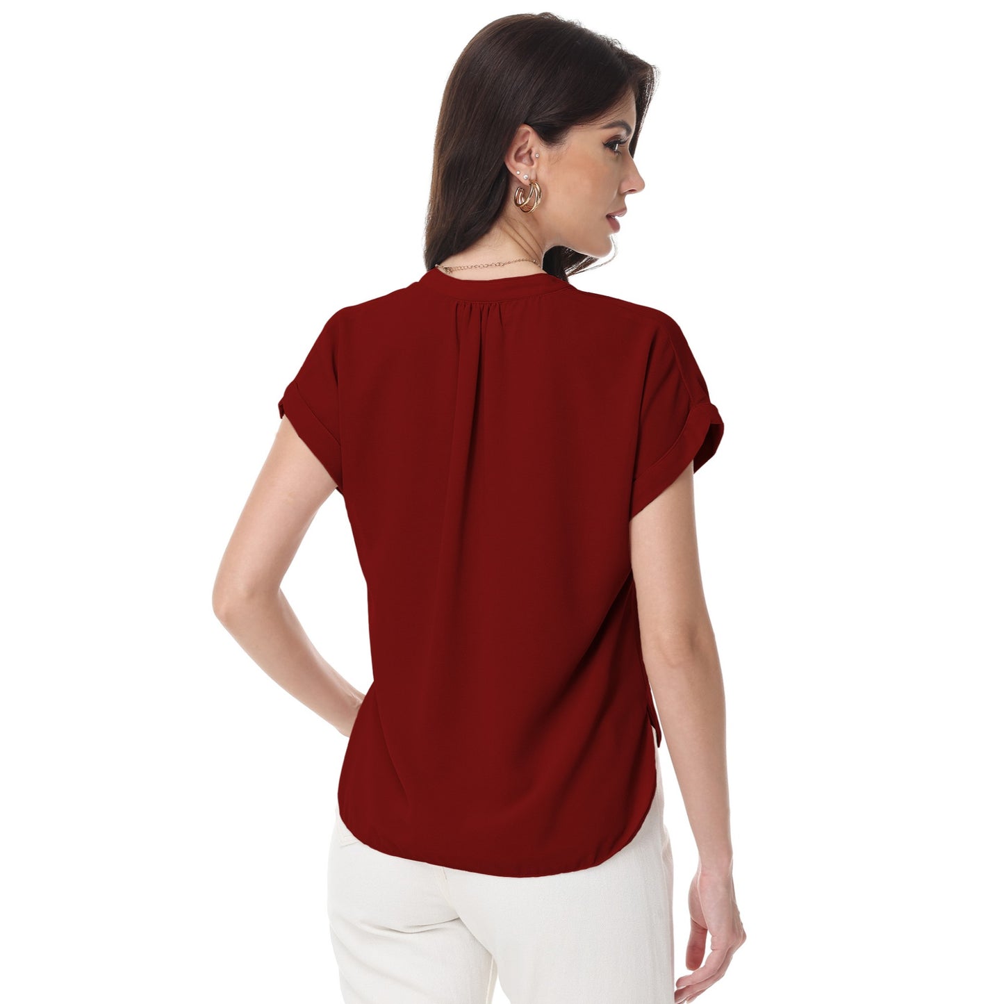 Anna-Kaci Women's Short Sleeve Blouse with Gathered V-Neckline and Rolled Cuffs