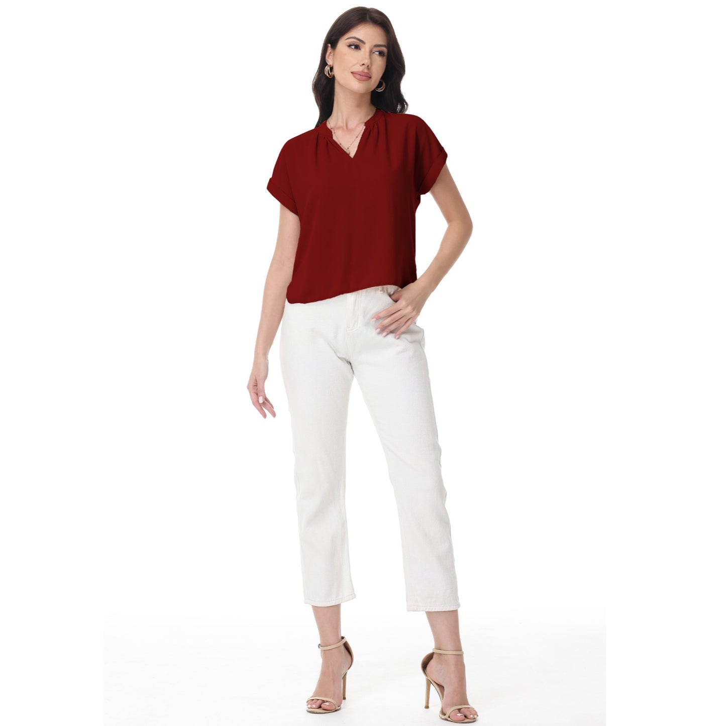 Anna-Kaci Women's Short Sleeve Blouse with Gathered V-Neckline and Rolled Cuffs