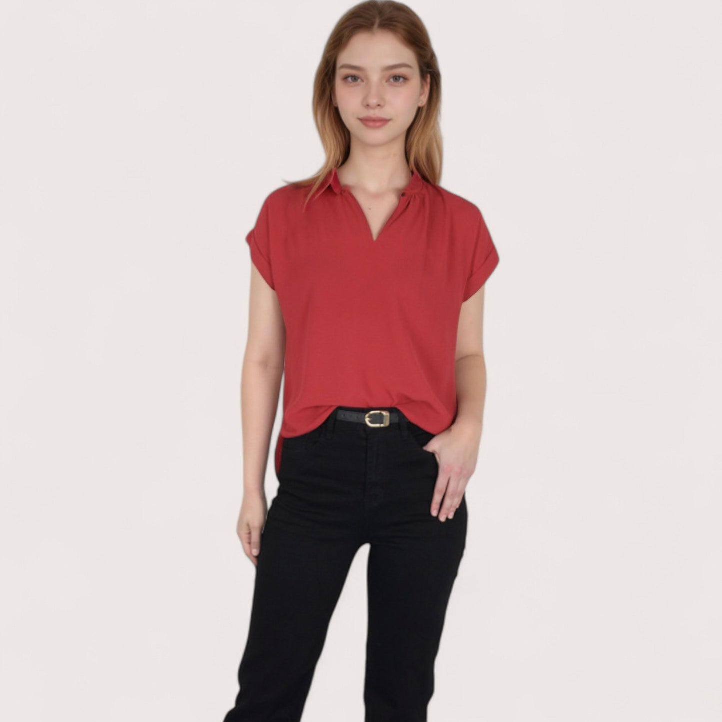 Anna-Kaci Women's V-Neck Short Sleeve Blouse with Rolled Cuffs and Soft Pleated Collar Detail - Small, Green