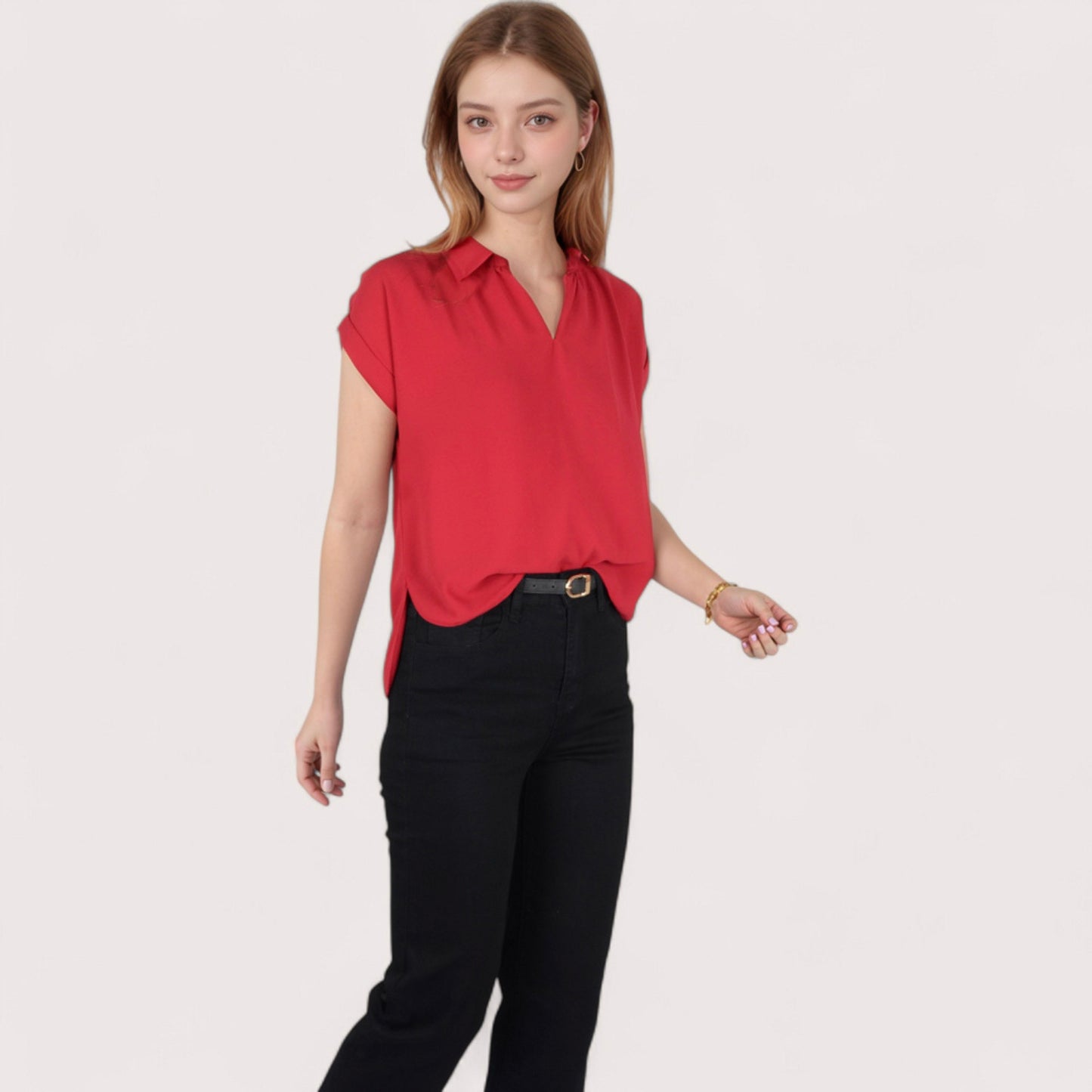 Anna-Kaci Women's V-Neck Short Sleeve Blouse with Rolled Cuffs and Soft Pleated Collar Detail - Small, Green