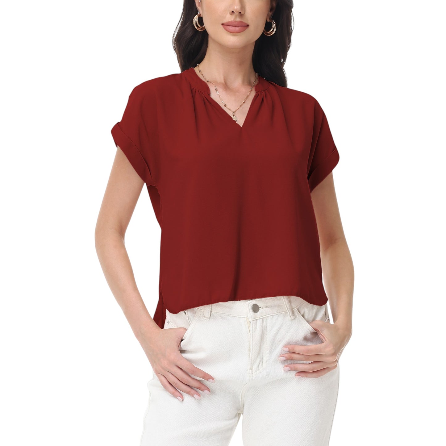 Anna-Kaci Women's Short Sleeve Blouse with Gathered V-Neckline and Rolled Cuffs