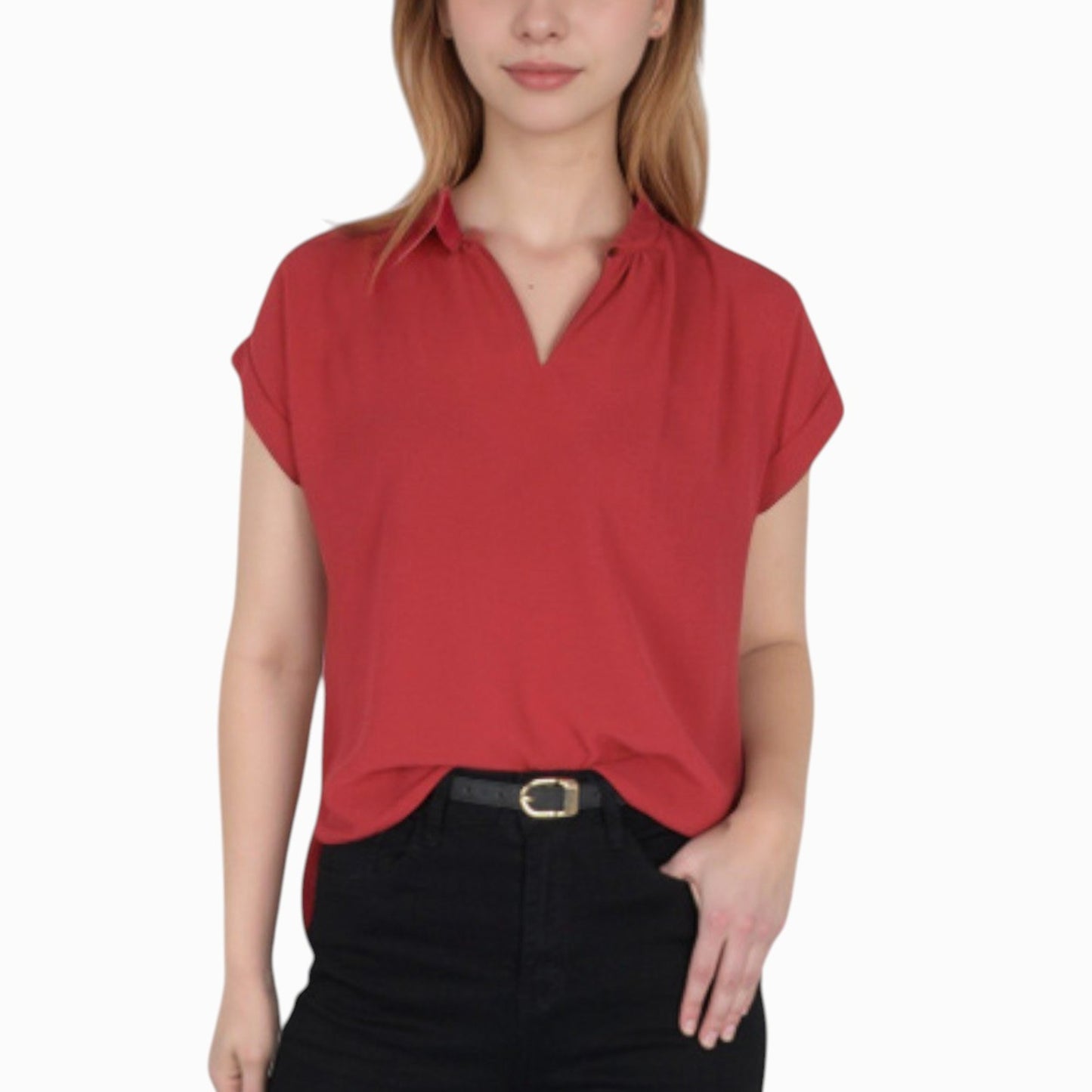Anna-Kaci Women's V-Neck Short Sleeve Blouse with Rolled Cuffs and Soft Pleated Collar Detail - Small, Green
