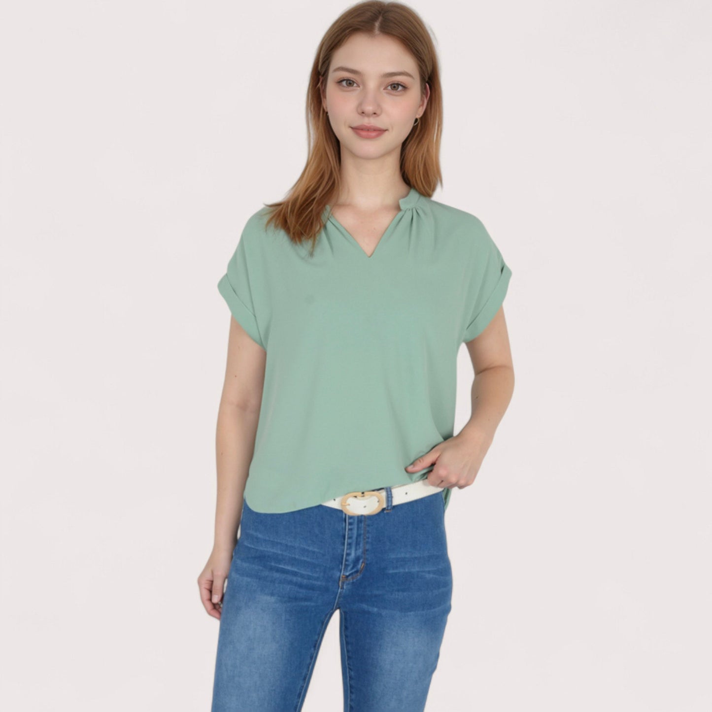 Anna-Kaci Women's V-Neck Short Sleeve Blouse with Rolled Cuffs and Soft Pleated Collar Detail - Small, Green