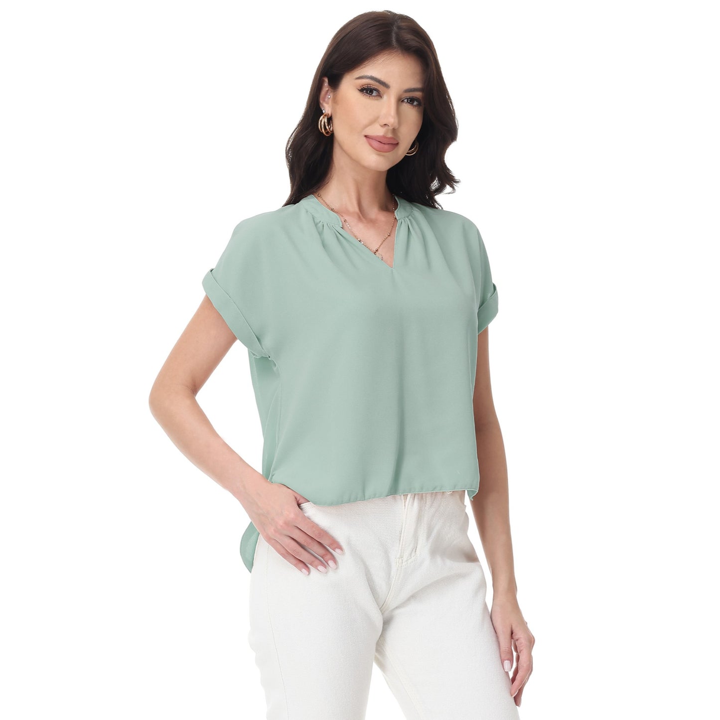 Anna-Kaci Women's Short Sleeve Blouse with Gathered V-Neckline and Rolled Cuffs